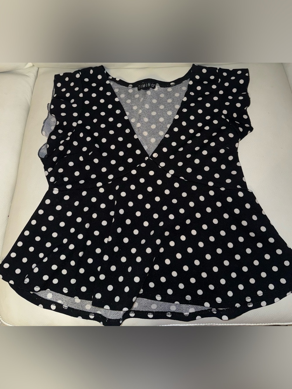TIMING Black and White Polka Dot V-Neck Flutter Sleeve Top